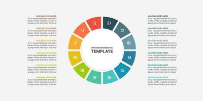 circulo infografía, modelo diseño con 12 pasos o opciones, flujo de trabajo o proceso diagrama vector