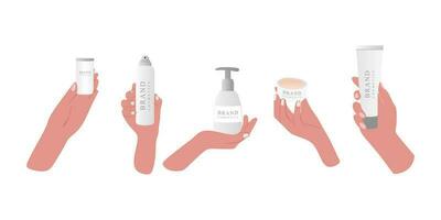 Collection of female hands holding different cosmetic product. vector