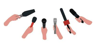 Hands holding microphone. Mass media reporters mic taking interview vector