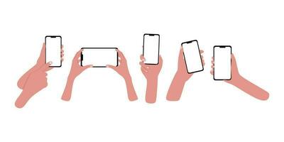 Hand hold mobile phone in horizontal vertical position in white screen vector