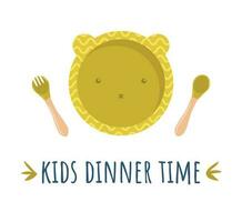 Kids plate, fork and spoon silicone dishware for baby vector. White background. Kids Dinner Time vector