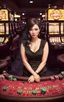 hermosa asiático mujer con lujo vestir en grandioso casino juego, generativo ai foto