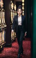 pretty young asian woman at gambling casino lounge, generative AI photo