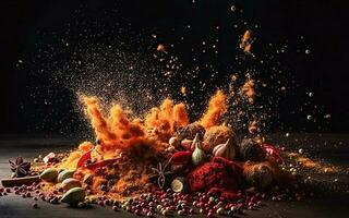 Ai generative. Explosion of different spices on a dark photo