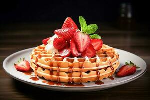 Ai generative. Belgian waffles with strawberries photo