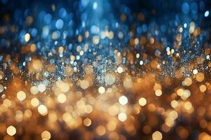 Ai generative. Background of abstract blue and gold glitter defocused lights photo