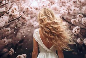 Ai generative. Back view, beautiful young woman with long curly blond hair against the backdrop of cherry blossoms photo