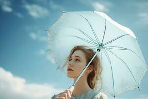 Ai generative.  Beautiful young  woman with a white umbrella on the background of the sky photo