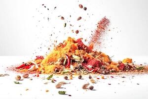 Ai generative. Explosion of different spices on a white photo