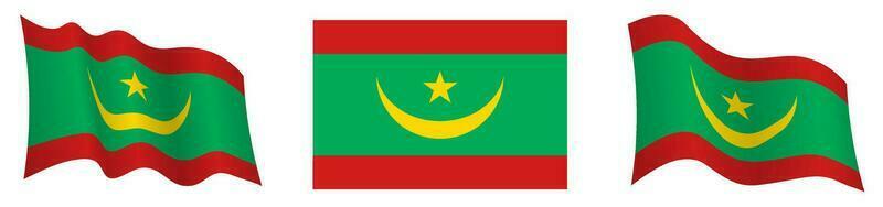 bandera de Mauritania en estático posición y en movimiento, revoloteando en viento en exacto colores y tamaños, en blanco antecedentes vector