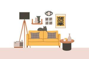 vivo habitación interior conjunto con sofá, sillón, estantería. vector plano estilo colección de mueble para casa aislado en blanco antecedentes. vector ilustración