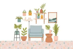 Living room interior set with armchair, bookshelves with many plants. Vector flat style collection of furniture for house isolated on white background. Vector illustration