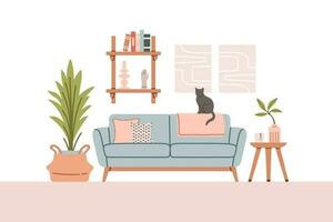 Living room interior set with sofa, armchair, bookshelves. Vector flat style collection of furniture for house isolated on white background. Vector illustration