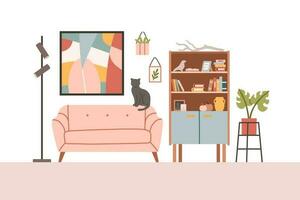 Living room interior set with sofa, armchair, bookshelves. Vector flat style collection of furniture for house isolated on white background. Vector illustration