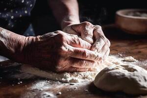 Ai generative. Hands of senior man kneading dough photo