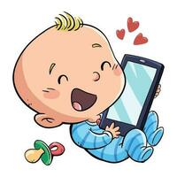 Baby hugging a mobile with affection, children's illustration vector