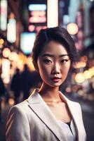 beautiful young asian woman with city street night in background, generative AI photo