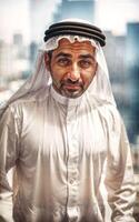 rich arab businessman in Traditional White Outfit in big city in background, generative AI photo