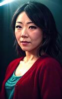 portrait photo of beautiful middle aged asian woman in dark room with light in background,
