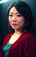 portrait photo of beautiful middle aged asian woman in dark room with light in background, generative AI