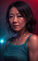 portrait photo of beautiful middle aged asian woman in dark room with light in background,