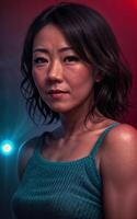 portrait photo of beautiful middle aged asian woman in dark room with light in background, generative AI