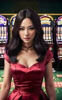 beautiful asian woman with luxury dress in grand casino gambling, generative AI photo