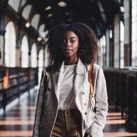 beautiful african american black woman with library in background, photo