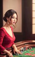 pretty young asian woman at gambling casino lounge, generative AI photo