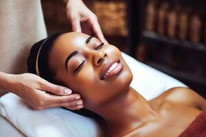 Ai generative. Attractive african american woman doing facial massage in spa photo