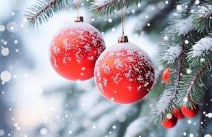 Ai generative. Red balls on fir branches, winter snowy backdrop. Festive Christmas and winter  background photo