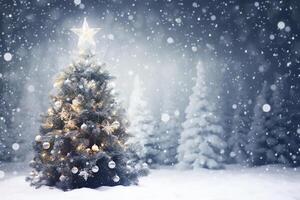 Ai generative. Christmas tree with snow decorated with garland lights, holiday festive background photo