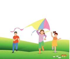 Kids playing kites. Vector illustration of children flying kites on the meadow