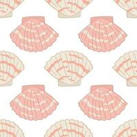 Cute seamless pattern with cartoon style pink seashells. Wallpaper, fabric or wrapping paper template. Doodle scallop print. Surface pattern design. vector