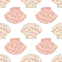 Cute seamless pattern with cartoon style pink seashells. Wallpaper, fabric or wrapping paper template. Doodle scallop print. Surface pattern design. vector