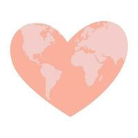 Cute vector illustration of a pink heart shaped world map. Love, volunteering, unity and equality concept. Isolated on white. World heart day.