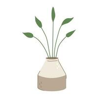 Cute cartoon style modern flowerpot. Green leaves in a ceramic vase. Isolated on white. vector