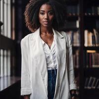 hermosa africano americano negro mujer con biblioteca en fondo, generativo ai foto