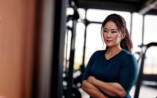 sano medio Envejecido dama mujer en deporte vestir a gimnasia, generativo ai foto