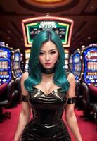 hermosa asiático mujer con lujo vestir en grandioso casino juego, generativo ai foto