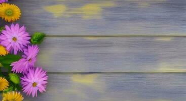 Concept shot of wooden background with flowers top view with copy space photo