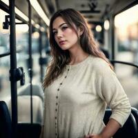 beautiful woman standing inside public bus transport, generative AI photo