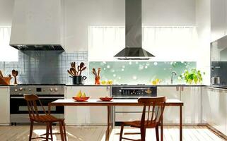 ilustración digital pintura dibujo de moderno mínimo cocina habitación, generativo ai foto