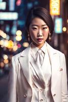 beautiful young asian woman with city street night in background, generative AI photo