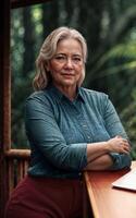 beautiful middle aged old lady woman at house with fresh green plant in background, generative AI photo