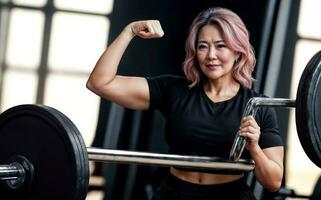 sano medio Envejecido dama mujer en deporte vestir a gimnasia, generativo ai foto