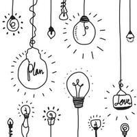 Hand drawn light bulb icons with concept of idea. Doodle style. Vector illustration.