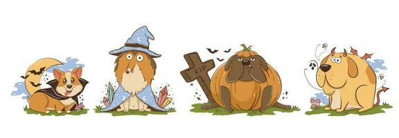 Funny cartoon poro dogs in halloween costumes. Scary funny character for halloween. Vector illustration of pets