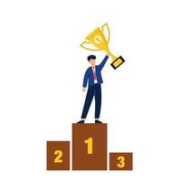 Vector success businessman character standing at a podium with holding up a trophy.