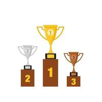 Cups medals reward on pedestal composition with winners podium vector